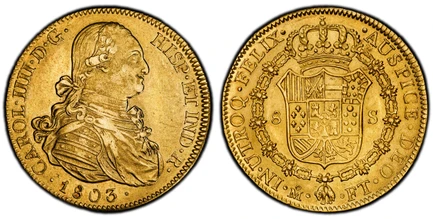 1086901 MEXICO. Charles IV. 1803-Mo FT AV 8 Escudos. PCGS AU55.  Mexico City. 27.00gm. CAROL · IIII · D · G · ... Armored bust right / IN · UTROQ · ... Crowned shield flanked by 8 S in order chain. KM 159; Calico 1646.

Please use this link to ver...