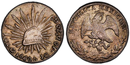 1087211 MEXICO. 1860- Ca JC AR 8 Reales. PCGS AU55.  Chihuahua. REPUBLICA MEXICANA. Facing eagle, snake in beak / Radiant cap. KM 377.2; Grove 2460.

Please use this link to verify the PCGS certification number <a href="http://www.pcgs.com/cert/54...