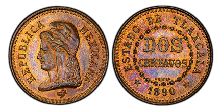 1087212 MEXICO. 1890 AE Pattern 2 Centavos. PCGS SP64RB (Red-Brown).  By L. Chr. Lauer, Nurnberg, Germany. Berlin. Liberty bust, left / ESTADO DE TLAXCALA. Denomination on two lines encircled by a chain; PRUEBA. KM NC12; Bruce X13.

Non-circulatin...