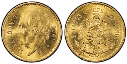 1088137 MEXICO. 1906-Mo AV 5 Pesos. PCGS MS65.  Mexico City. National arms / Miguel Hidalgo y Costilla. KM 464.

Please use this link to verify the PCGS certification number <a href="http://www.pcgs.com/cert/53629346/">53629346</a>