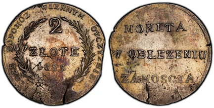 1087796 POLAND. Zamosc. 1813-(b) AR 2 Zloty. PCGS AU55.  Edge: Plain. 29mm. 7.50gm. Three-line legend / Denomination and date within wreath. KM 6; Brause-Mansfeld 33, 5 variant; Kopicki 8450b; Bitkin 5; Engel/Fabre/Perret/Wattier 4.18.4.1.

Minted...