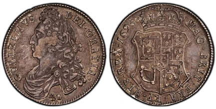 1087658 SCOTLAND. William II (III). (King, 1694-1702). 1695 AR Forty Shillings. PCGS XF40.  Edinburgh mint. Edge: SEPTIMO. Laureate bust, left; denomination below / Crowed shield of arms. S-5679.
Includes original collector's envelope.

Please use...
