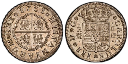 1086892 SPAIN. Charles III. 1761-(Crowned M) JP AR 2 Reales. PCGS MS64.  Madrid. 6.05gm. CAROLUS III D G. Crowned Spanish arms / HISPANIARUM REX. Cross with castles and lions in quarters. KM 388.1; Calico 609.

Please use this link to verify the P...