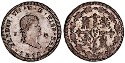 1086908 SPAIN. Ferdinand VII. 1818-J CU 8 Maravedis. PCGS MS63BN (Brown).  Jubia. 10.12gm. FERDIN · VII · D · G · HISP · REX. Head laureate right / Cross with castles and lions in angles, within wreath. KM 491; Calico 198.

Please use this link to...