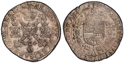 1087189 SPANISH NETHERLANDS. Brabant. Albert & Isabelle. (Duchy, 1598-1621). 1621-(Face) AR Patagon. PCGS Genuine - AU Details Cleaned.  Bussels. 28.27gm. St. Andrew's cross, crown above, fleece below divide pairs of crowned C monograms / …BVRG ET...