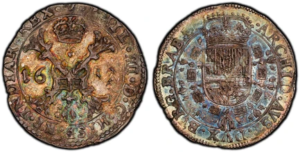 1087190 SPANISH NETHERLANDS. Flanders. Philip IV. (Duke, 1621-1665). 1652 AR 1/2 Patagon, 24 Sols. PCGS AU58.  Brabant. 14.05gm. St. Andrew's cross, crown above, fleece below, divides date / …DVX BVRG ET CO FL(AN) Zc. Crowned shield of Philip IV i...