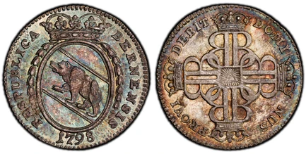 1087676 SWISS CANTONS. Bern. 1798 AR 20 Kreuzer. PCGS MS64.  BERNENSIS  RESPUBLICA. Crowned, oval arms of Bern, date below / DOMI NUS PROVI DEBIT. Crowned monogram in cruciform. KM 159; HMZ 2-221m.

Please use this link to verify the PCGS certific...