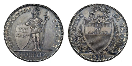 1088154 SWISS CANTONS. Vaud. 1812 AR 40 Batzen. NGC MS64.  CANTON DE VAUD. Shield within sprigs, small wreath above, date below / CONFEDERATION SUISSE. Knight standing beside shield, value below. KM 17; Dav.-362; HMZ-2-997a; Divo 222.

From a repo...