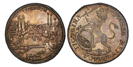 1087611 SWISS CANTONS. Zurich. 1756 AR 1/2 Thaler, 1 Gulden - 36 Schillings. PCGS MS63.  14.13gm. MONETA REIPUBLICÆ TIGURINAE. Oval arms of Zurich supported by rampant lion at right / City view. KM 146; D.T. 436u; HMZ 2-1165yy.

Please use this li...