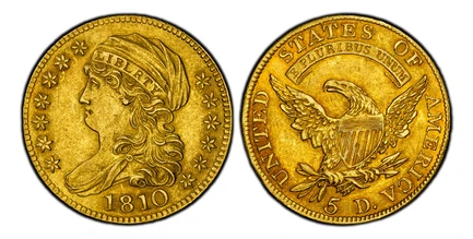 1087405 UNITED STATES OF AMERICA. 1810 AV $5, Half Eagle. PCGS MS61.  U.S. Mint, Philadelphia. 25mm. 8.02gm. Capped draped bust, left, flanked by stars / UNITED STATES OF AMERICA. Heraldic eagle. KM 38. large date, large 5; Fr.-132.
Ex Künker Auct...