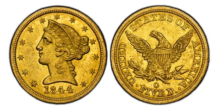 1087406 UNITED STATES OF AMERICA. 1844-O AV $5, Half Eagle. PCGS AU55.  U.S. Mint, New Orleans. 21.6mm. 7.52gm. Coronet head, left, within circle of stars / UNITED STATES OF AMERICA. No motto above eagle. KM 69; Fr.-141.
Ex Künker Auction 302 (1 J...