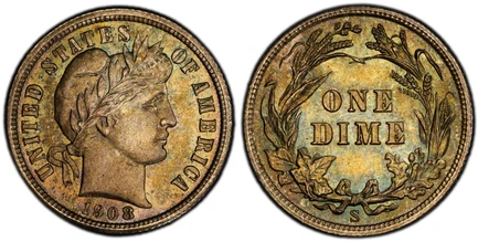 1087209 UNITED STATES OF AMERICA. 1908-S AR Barber Dime. PCGS MS65+  CAC.  U.S. Mint, San Francisco. UNITED STATES OF AMERICA. Laureate head right, date at angle below / Value within wreath. KM 113.

Please use this link to verify the PCGS certifi...