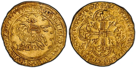 1088004 FRANCE. Charles VI. (King, 1380-1422). (1380-1422) AV Agnel d'Or. PCGS MS62.  Saint-Lô. 2.51gm. Lamb and cruciform staff with flying banner / Floriated cross in quadrilobe, fleurs de lis in angles. Fr.-290; Duplessy 372.

First Emission, s...