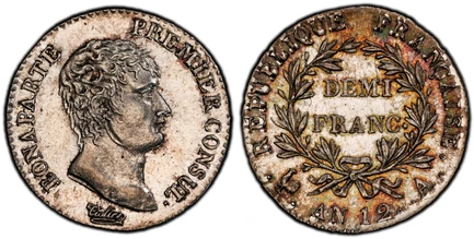 1087989 FRANCE. Napoleon I, Premier Consul. An 12 (1803-04)-A AR 1/2 Franc. PCGS MS65.  By Tiolier. Paris. BONAPARTE PREMIER CONSUL. Head right / Denomination within wreath. KM 648.1; Gadoury 394; F.-173.

Please use this link to verify the PCGS c...