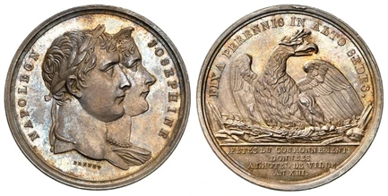 1088486 FRANCE. Napoleon I & Joséphine de Beauharnais. (Emperor, 1804-1814 and 1815). AN XIII (1804) AR Medal. NGC MS63.  By N.G.A. Brenet. Paris. Edge: Plain. 35mm. 24.59gm. NAPOLEON – JOSEPHINE. Conjoined laureate and diadem busts, right; signed...