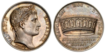 1088487 FRANCE. Napoleon I. (First Empire, 1804-1815). 1805 AR Medal. NGC MS63.  By Andrieu and Jaley. 39mm. 36.22gm. NAPOLEON EMPEREUR. Laureate bust, right. DENON DIR. ANDRIEU.F. on two lines below truncation of neck / NAPOLEON • ROI...