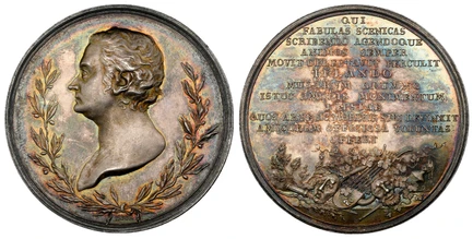 1083808 GERMANY. August Wilhelm Iffland. (Director of the Berliner Theater, 1796-1814). ND (c.1814) AR Medal. NGC MS65.  By Daniel Friedrich Loos. Berlin. Bust, left within laurel wreath; signed below / Latin inscription above theater attributes a...