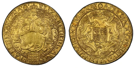 1088463 GREAT BRITAIN. England. Elizabeth I. (Queen, 1558-1603). (1584-86) ND-(Escallop) AV Sovereign. PCGS MS62.  London (Tower) mint. 15.21gm. ELIZABETH: D'. G'. ANG'. - FRA'. ET. HIB'. REGINA. Queen enthroned, tressure not broken by throne; por...