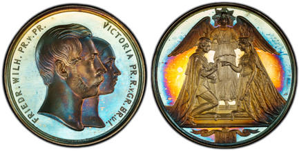 1088022 GREAT BRITAIN. Victoria. (Queen, 1837-1901). 1858-Dated AR Medal. PCGS SP65.  By F. W. Kullrich. Edge: Plain. 50.87mm. 65.76gm. FRIEDR WILH PR v PR - VICTORIA PR R v GR BR u I. Conjugate busts, right / Kneeling bridal couple exchanging rin...