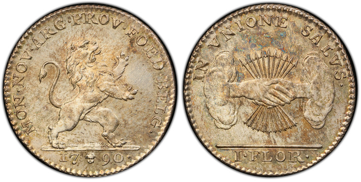 1080312 AUSTRIAN NETHERLANDS. 1790-(b) AR Florin, Gulden. PCGS MS64.  Brussels. MON ·  NOV ·  ARG ·  PROV · FOED ·  BELG ·. Rampant lion right / IN VNIONE SALVS ·. Arrows back of grasped hands at center. KM 48.

Insurrection Coinage.

Please use t...