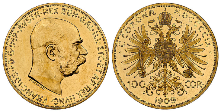 1079074 AUSTRIA. Franz Joseph I. (Emperor, 1848-1916). 1909 AV 100 Corona. NGC PL61PL (Prooflike).  By Stefan Schwartz (Obv.). Vienna mint. Edge: VNITIS VIRIBVS. Head right / Crowned double eagle, tail dividing value, date at bottom. KM 2819; Fr.-...