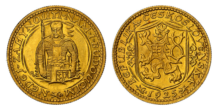 1080026 CZECHOSLOVAKIA. Republic. (1918-1939). 1925 AV Ducat. NGC MS64.  By J. Benda (Obv.) & O. Spaniel (Rev.). Kremnitz. Edge: Milled. Czech lion with Slovak shield, date below / Duke Wenceslas (Vaclav) half-length figure facing. KM 8; Friedberg...