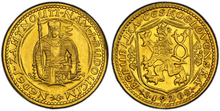 1079036 CZECHOSLOVAKIA. First Republic. (1918 - 1938/39). 1926 AV Dukat. PCGS Genuine - UNC Details.  By J. Benda (Obv.); O. Spaniel (Rev.) . Edge: Milled. Czech lion with Slovak shield, date below / Duke Wenceslas (Vaclav) half-length figure faci...