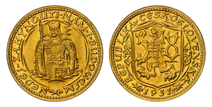 1079912 CZECHOSLOVAKIA. First Republic. (1918 - 1938/39). 1931 AV Ducat. NGC MS65.  By J. Benda (Obv.) and O. Spaniel (Rev.). Edge: Milled. Czech lion with Slovak shield, date below / Duke Wenceslas (Vaclav) half-length figure facing. KM 8; Fr.-2;...