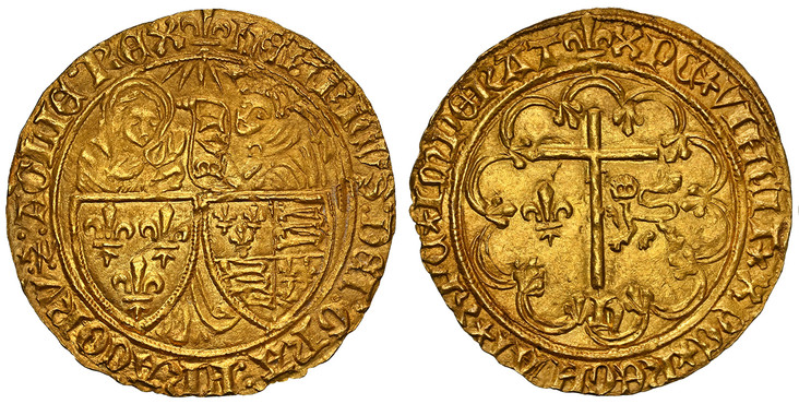 1079077 FRANCE. Anglo-Gallic. Henry VI. (King, 1422-53). (1422-50)-(lis) AV Salut d'Or. NGC MS66.  Saint-Lô. 3.53gm. HERICVS DEI GRA FRACORV Z AGLIE REX. The Archangel Gabriel standing before the Virgin Mary, to whom he holds out a parchment beari...