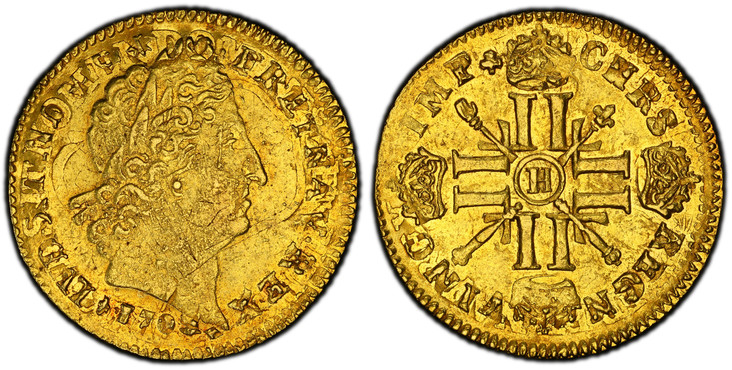 1079233 FRANCE. Louis XIV. 1703-H AV Louis d'Or. PCGS MS61.  La Rochelle. 6.70gm. LVD · XIIII · D · G  FR · ET · NAV ·  REX ·. Laureate head right / CHRS · REGN · VINC · IMP. Crowned back to back L's, Hand of Justice and sceptre cross at center. K...