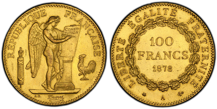 1080362 FRANCE. 1878-A AV 100 Francs. PCGS MS64.  Paris. Edge: DIEU PROTEGE LA FRANCE. Standing Genius writing the Constitution, rooster on right, fasces on left / Denomination above date within circular wreath. KM 832; Fr.-552; Gadoury 1137.

Min...
