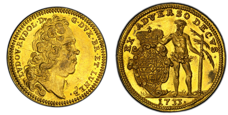 1078902 GERMAN STATES. Brunswick-Wolfenbuttel. Ludwig Rudolph. 1733 D-BID AV Ducat. PCGS AU58.  Brunswick Mint. Head right / Wildman with tree in left hand and arms in right. KM 843; Fr.-683; Welter-2428.
Ex Konrad Daniel Soerget Colection. 

Plea...