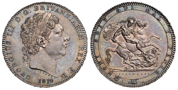 1078440 GREAT BRITAIN. George III. (King, 1760-1820). 1819 AR Crown. NGC MS61.  Edge: LIX. GEORGIUS III D: G: BRITANNIARUM REX F: D:. Laureate head right / HONI SOIT QUI MAL .Y PENSE. St. George slaying dragon right. KM 675; SCBC-3787.

Please use...