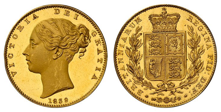 1080378 GREAT BRITAIN. Victoria. (Queen, 1837-1901). 1839 AV Sovereign. NGC PR64 ✭ Cameo.  Edge: Plain. VICTORIA DEI GRATIA. Head left / BRITANNIARUM REGINA FID: DEF:. Without die number. KM 736.1. Proof; SCBC-3852; W&R 303; Marsh 23B.

Die axis i...