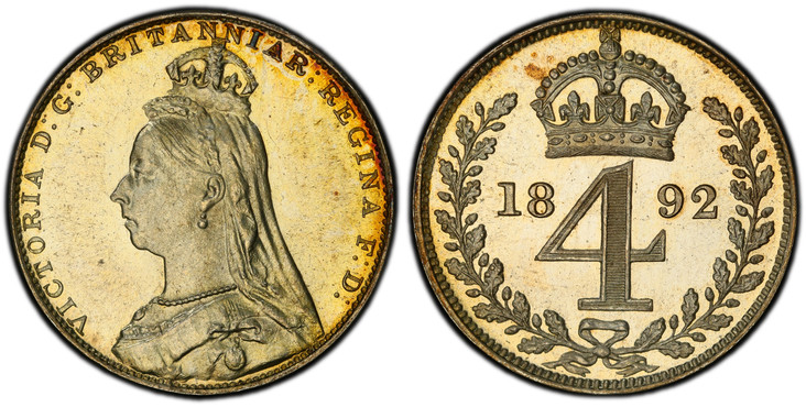 1079186 GREAT BRITAIN. Victoria. (Queen, 1837-1901). 1892 AR 4 piece Maundy Set. PCGS PL66.  Edge: Reeded. Bust left wearing small crown and veil / Crowned denomination divides date in wreath. KM-MDS148 (KM758, 770-771, 773); SCBC-3932 Maundy Set ...