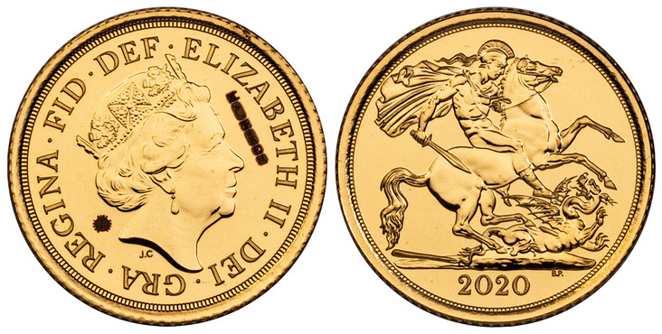 1068840 GREAT BRITAIN. Elizabeth II. (Queen, 1952-2022). 2020 AV Half-Sovereign Bullion Die Trial Piece. NGC MS69DPL (Deep Prooflike).  By Jody Clark (Obv.). The Royal Mint. Edge: Reeded. 19.30mm. 3.99gm. Crowned bust, right / St. George and the d...
