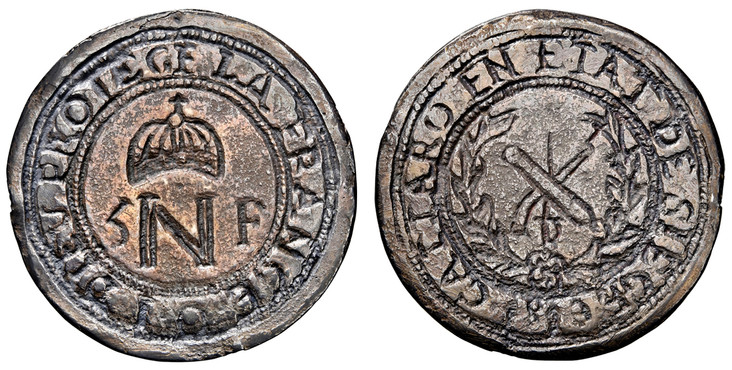 1079757 MONTENEGRO. Cattaro. Napoleon I. (1805-1814). 1813 Cast Silver 5 Francs. NGC AU55.  -1813. 40mm. DIEU PROTEGE LA FRANCE. Crown above letters within beaded circle, I.O. below / CATTARO EN ETAT DE SIEGE. Sword in center of crossed designs wi...