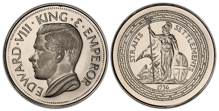 1069998 STRAITS SETTLEMENTS. Edward VIII. (King, 20 January 1936 - 11 December 1936, Abdicated). "1936" (1984) Cu-Ni Medallic Crown or Fantasy. PCGS PR68 Cameo.  Richard Lobel Issue. Edge: Plain. 38.1mm. 20.1gm. EDWARD · VIII · KING · & · EMPEROR....