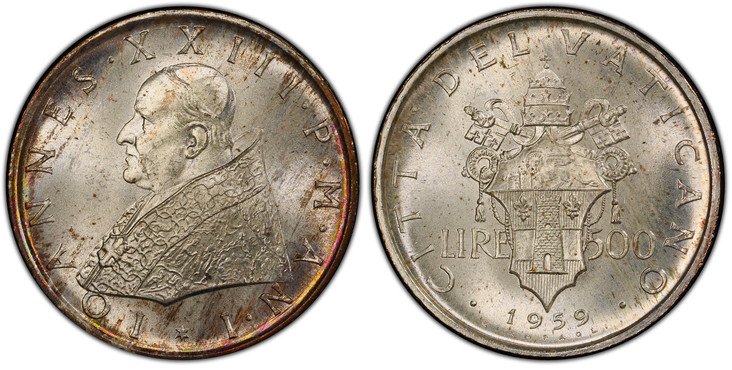1074370 VATICAN CITY. John XXIII. (Pontiff, 1958-1963). MCMLIX / Anno I (1959) AV, AR, AL 9-piece set (500 Lire to 1 Lire). PCGS MS67 - MS64.  Bust (varies by denomination) / Papal heraldry and allegorical figures (varies by denomination). KM MS60...