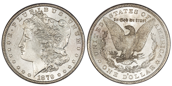 1068545 UNITED STATES OF AMERICA. 1879-S AR Morgan Dollar. PCGS MS64.  By George T. Morgan. U.S. Mint, San Francisco. Edge: Reeded. E.PLURIBUS.UNUM. Laureate head left, date below flanked by stars / UNITED STATES OF AMERICA. Eagle within 1/2 wreat...