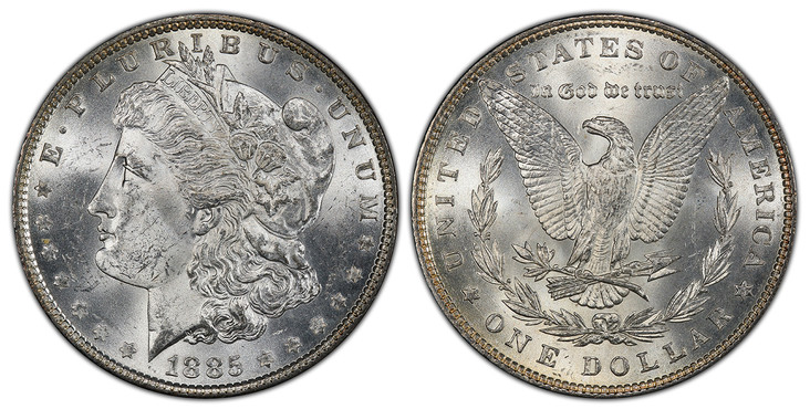 1071024 UNITED STATES OF AMERICA. 1885 AR Dollar. PCGS MS63.  By George T. Morgan. U.S. Mint, Philadelphia. E.PLURIBUS.UNUM. Laureate head left, date below flanked by stars / UNITED STATES OF AMERICA. Eagle within 1/2 wreath. KM 110.

Please use t...