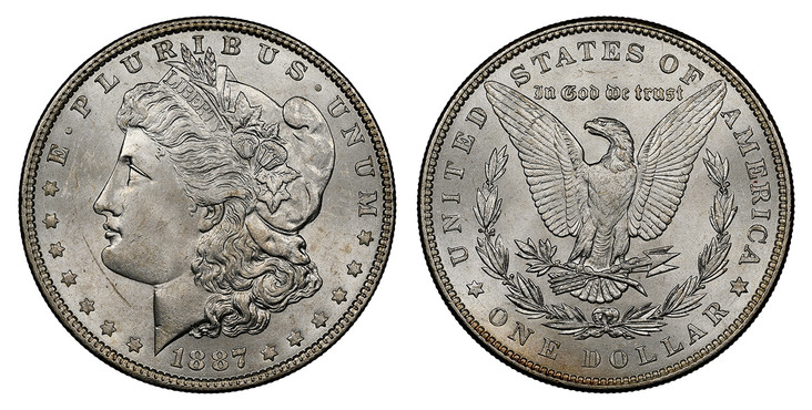 1068577 UNITED STATES OF AMERICA. 1887 AR Morgan Dollar. NGC MS64.  By George T. Morgan. U.S. Mint, Philadelphia. E.PLURIBUS.UNUM. Laureate head left, date below flanked by stars / UNITED STATES OF AMERICA. Eagle within 1/2 wreath. KM 110.

Please...