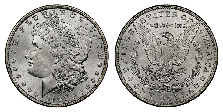 1068587 UNITED STATES OF AMERICA. 1887 AR Morgan Dollar. NGC MS64.  By George T. Morgan. U.S. Mint, Philadelphia. E.PLURIBUS.UNUM. Laureate head left, date below flanked by stars / UNITED STATES OF AMERICA. Eagle within 1/2 wreath. KM 110.

Please...