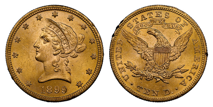 1080437 UNITED STATES OF AMERICA. 1899 AV $10, Eagle. NGC MS64.  U.S. Mint, Philadelphia. New-style head, left, within circle of stars / UNITED STATES OF AMERICA. IN GOD WE TRUST above eagle. KM 102; Fr.-158.

Please use this link to verify the NG...