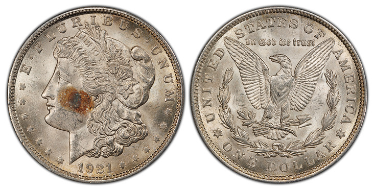 1068713 UNITED STATES OF AMERICA. 1921 AR Morgan Dollar. PCGS Genuine - UNC Details Cleaned.  By George T. Morgan. U.S. Mint, Philadelphia. E.PLURIBUS.UNUM. Laureate head left, date below flanked by stars / UNITED STATES OF AMERICA. Eagle within 1...