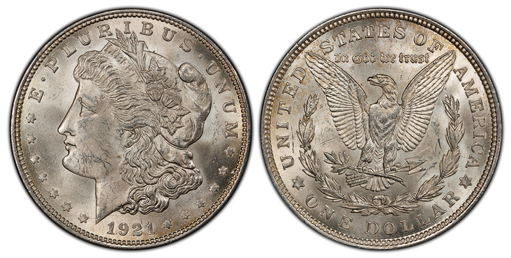 1068716 UNITED STATES OF AMERICA. 1921 AR Morgan Dollar. PCGS MS64.  By George T. Morgan. U.S. Mint, Philadelphia. E.PLURIBUS.UNUM. Laureate head left, date below flanked by stars / UNITED STATES OF AMERICA. Eagle within 1/2 wreath. KM 110.

Pleas...