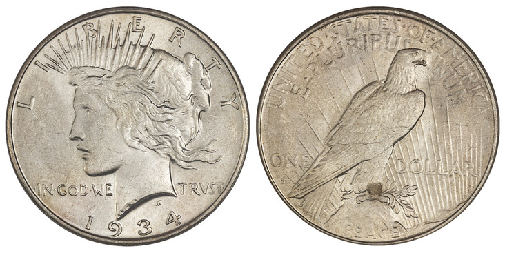 1070256 UNITED STATES OF AMERICA. 1934-D AR "Peace" Dollar. NGC MS63.  U.S. Mint, Denver. Liberty Head left / Eagle facing right perched on rock. KM 150.
Housed in an old NGC holder.

Please use this link to verify the NGC certification number <a ...