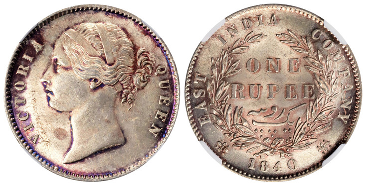 1077149 INDIA-BRITISH. Victoria. (Queen, 1837-1901). 1840-(B&C) AR Rupee. NGC MS63.  Bombay or Calcutta. VICTORIA QUEEN. Head left, W.W. raised, legend divided / EAST INDIA COMPANY. Value within wreath, date below, small diamonds. KM 458.1; S&W-3....