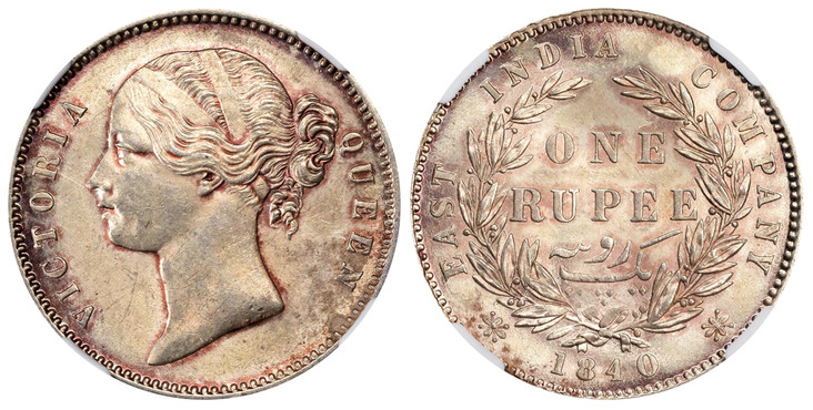 1077210 INDIA-BRITISH. Victoria. 1840-(B & C) AR Rupee. NGC MS62.  Bombay or Calcutta. VICTORIA QUEEN. Head left, W.W. raised, legend divided / EAST INDIA COMPANY. Value within wreath, date below, small diamonds. KM 458.1; S&W-3.33; Pridmore 56.

...