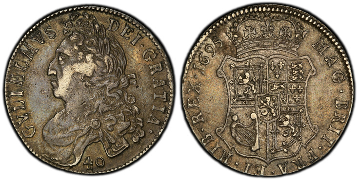 1080649 SCOTLAND. William II (III). (King, 1694-1702). 1695 AR 40 Shillings. PCGS XF40.  Edge: OCTAVO. 18.36gm. Laureate bust, left with value below; no stop after GVLIELMVS / Crown above quartered shiled of arms; date in legend at upper left; no ...